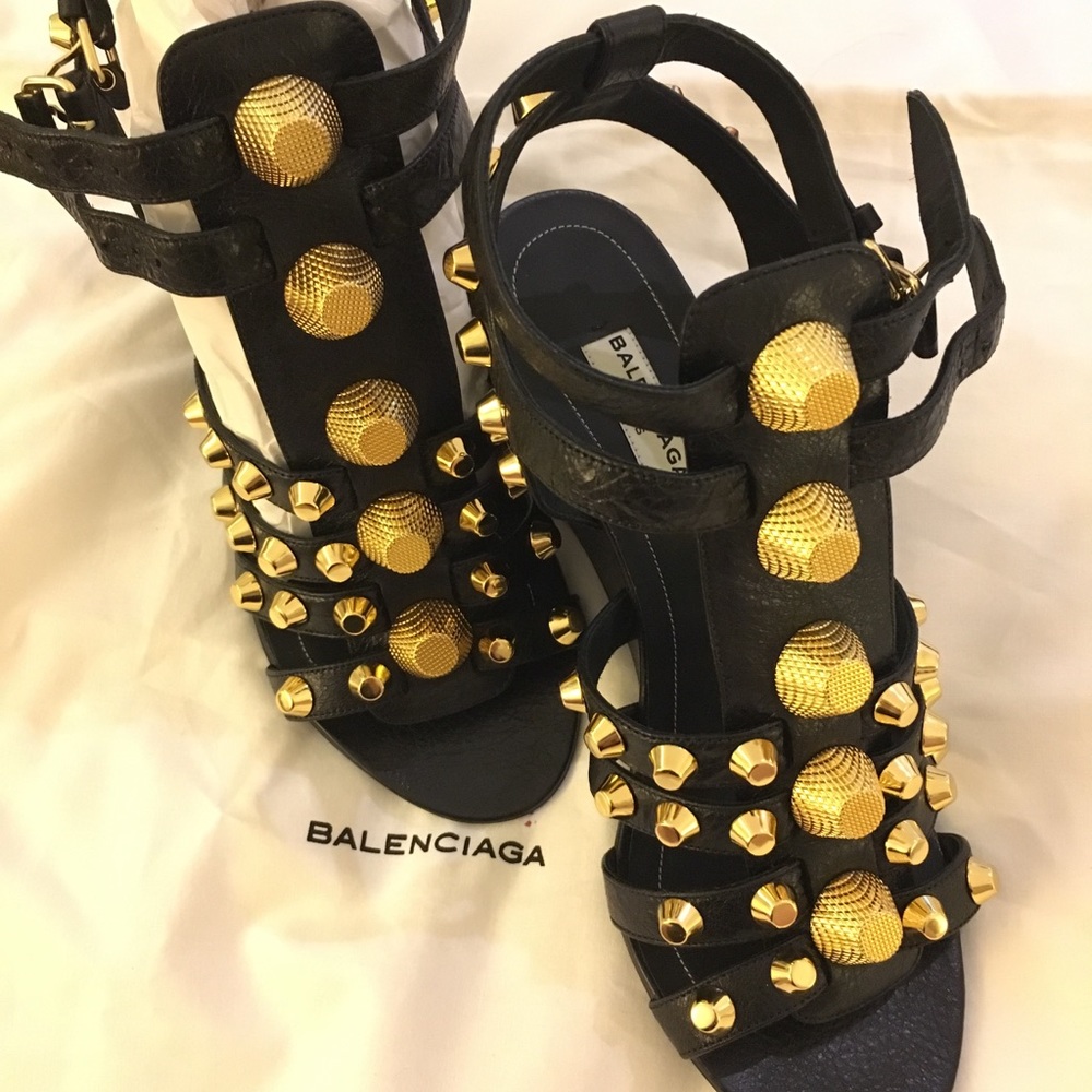 NEW. Balenciaga Black Arena Leather Wedge Sandals - Picture 2 of 6